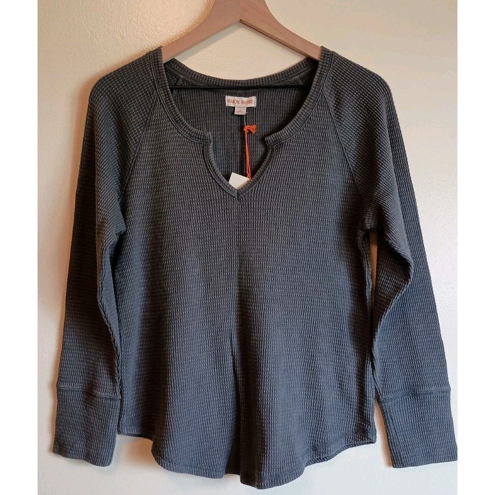 Knox Rose Women's L NWT Charcoal Waffle Knit Thermal Top Notch Neck Long Sleeve